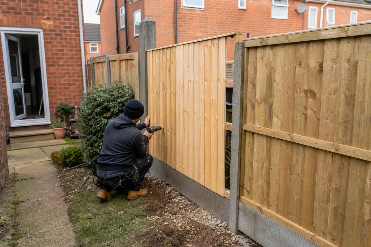 Damaged garden fence being repaired in Rugby